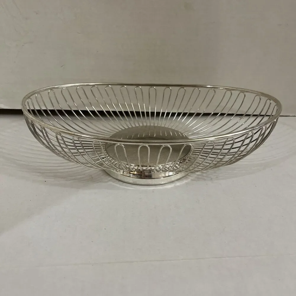 Vintage Mid Century Silver Toned Oval Wire Fruit Bowl Basket 12” MCM Hong Kong